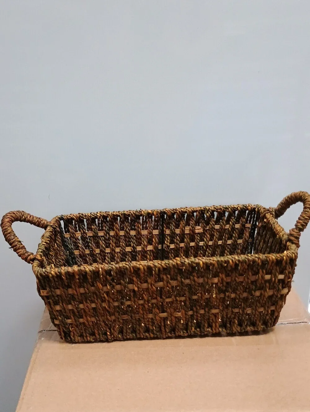 VINTAGE Coastal Woven Rectangular Storage Basket wth Handles Brown Checkerboard